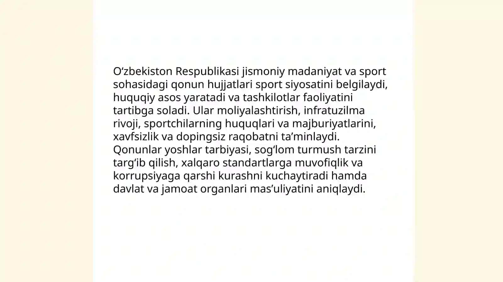 Oʻzbekiston Respublikasi jismoniy madaniyat va sport sohasidagi qonun hujjatlari: umumiy ahamiyati 3