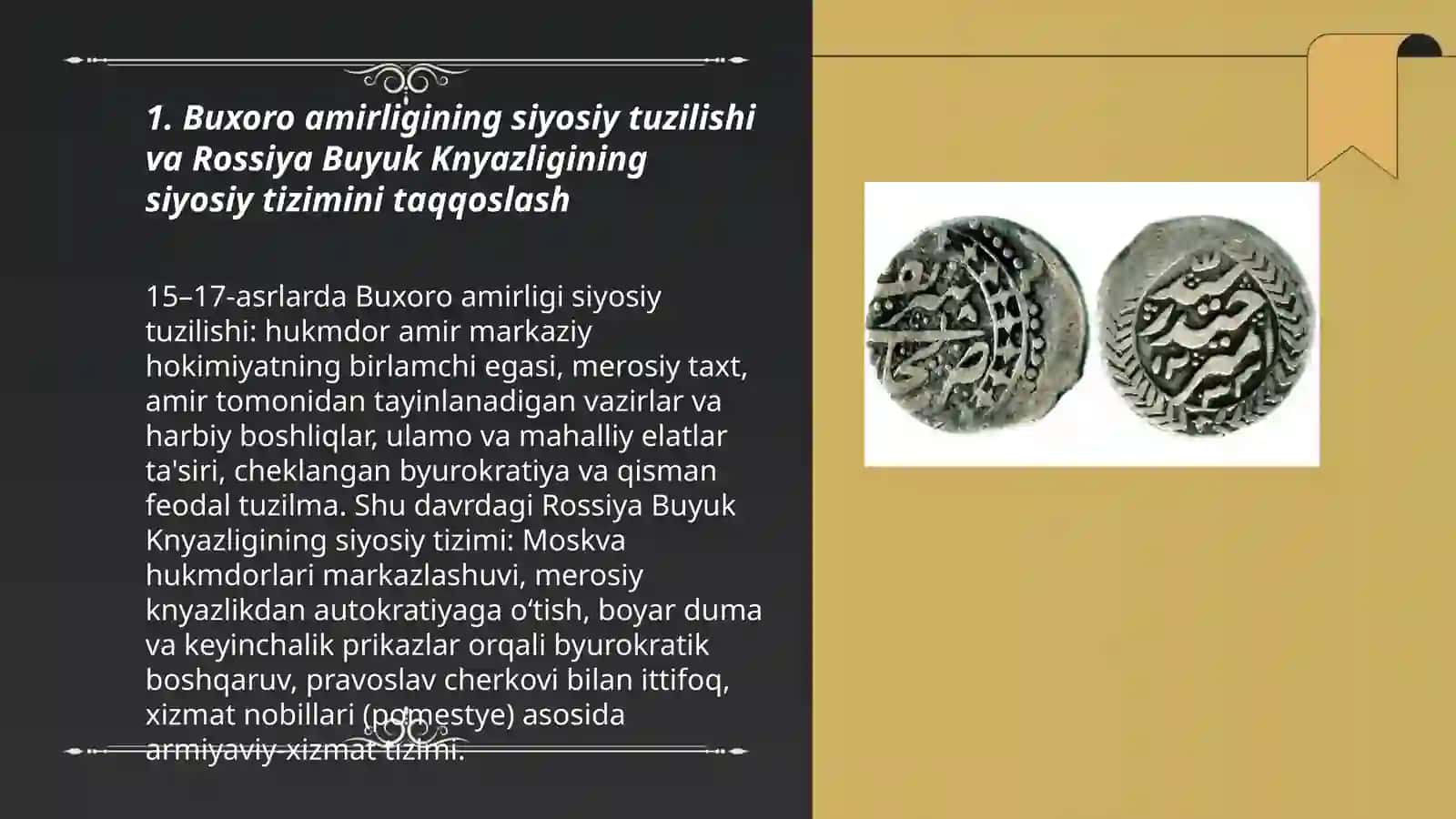 Buxoro amirligi taraqqiyoti va shu davrda Rossiya buyuk knyazligi taraqqiyoti bilan taqqoslash 3