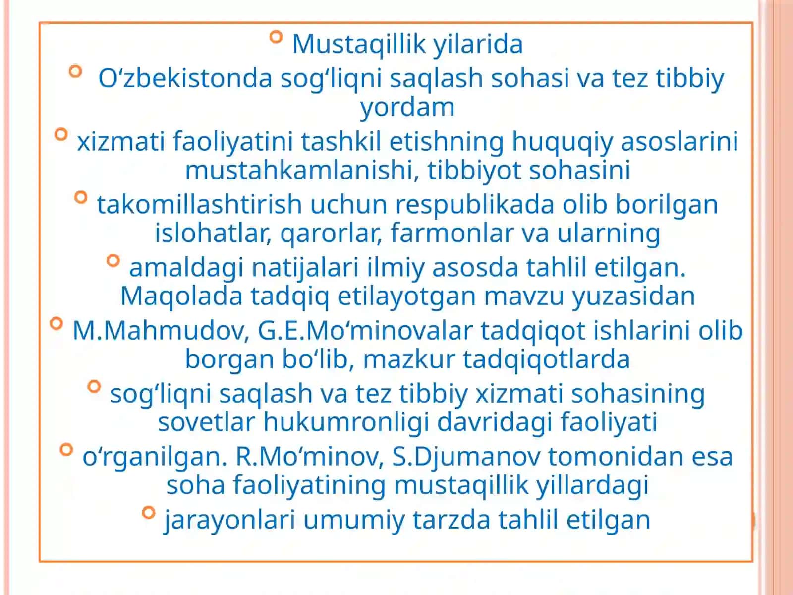 Mustaqillikning yillarida mamlakatimizda sog'liqni saqlash sohasidagi islohotlar 3