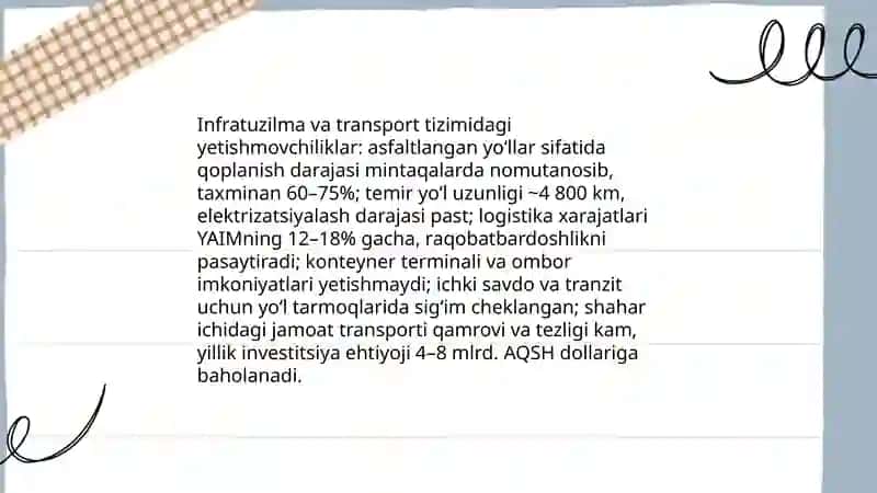 Infratuzilma va transport tizimidagi yetishmovchiliklar 3