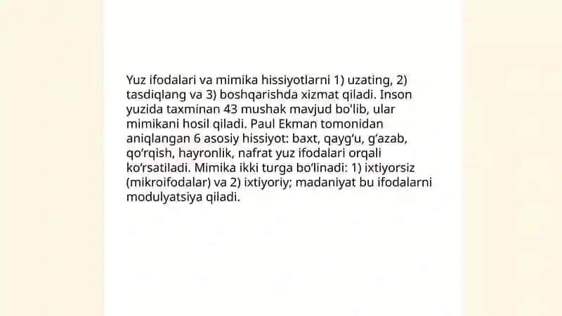 Yuz ifodalari va mimika hissiyotlarni 3