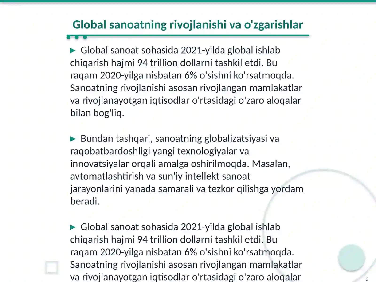 Global sanoatning rivojlanishi va iqtisodiy òsishni taminlash 3