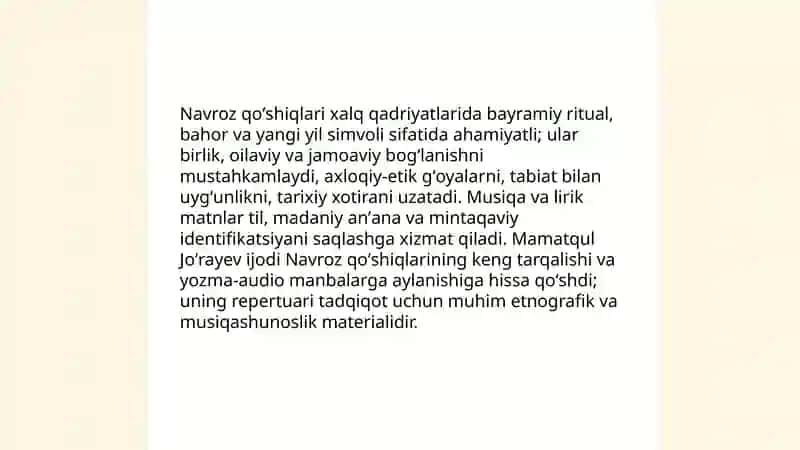 Navroz qoʻshiqlari va Mamatqul Joʻrayev ilmiy merosini oʻrganish 3