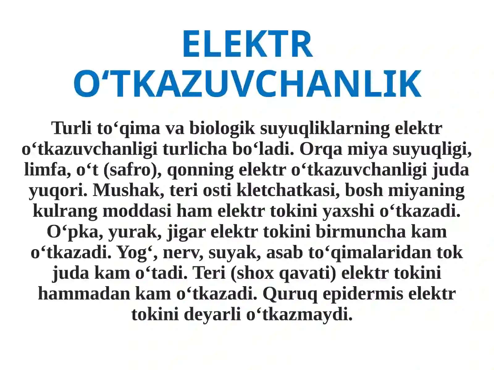 ELEKTROKIMYO – TIBBIYOTDA ELEKTRODIAGNOSTIKA ASOSI SIFATIDA. ELEKTROKIMYOVIY DAVOLASH USULLARI 3