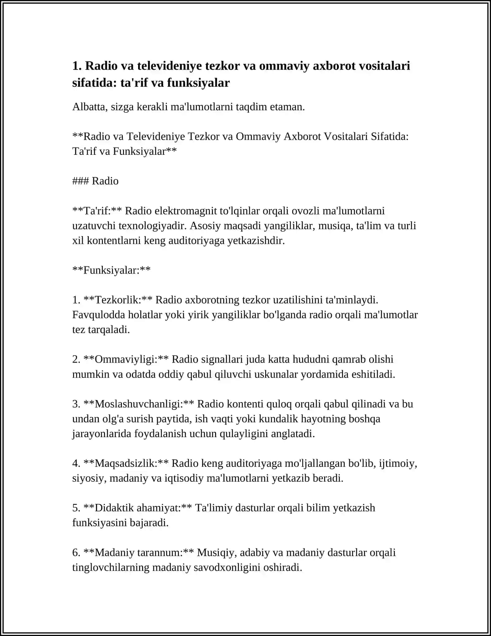 Radio va Televideniye Tezkor va Ommaviy Axborot Vositalari Sifatida: Ta'rif va Funksiyalar 3