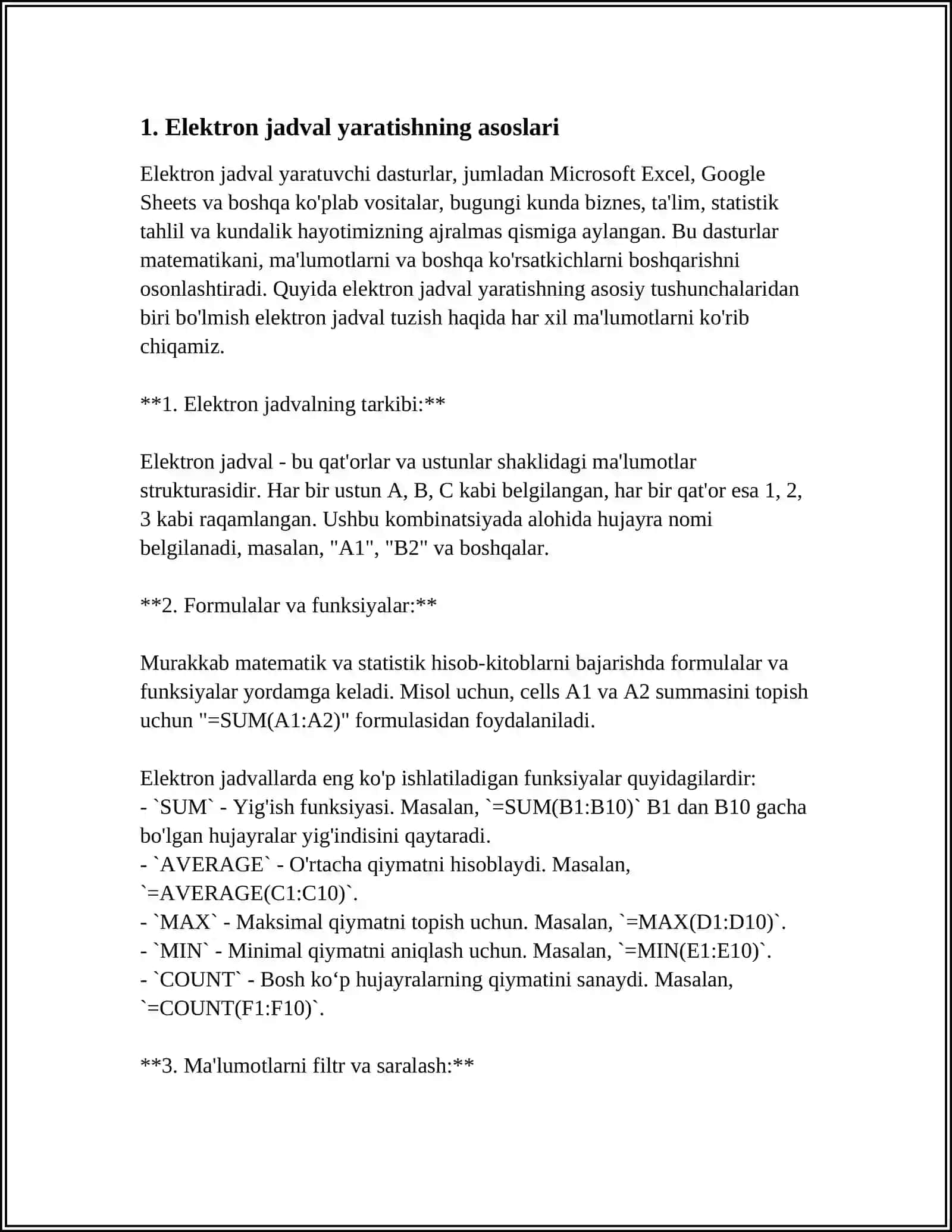 ELEKTRON JADVAL YARATISH. QATORLAR VA USTUNLARNI BOSHQARISH. ELEKTRON JADVAL XAVFSIZLIGI 3