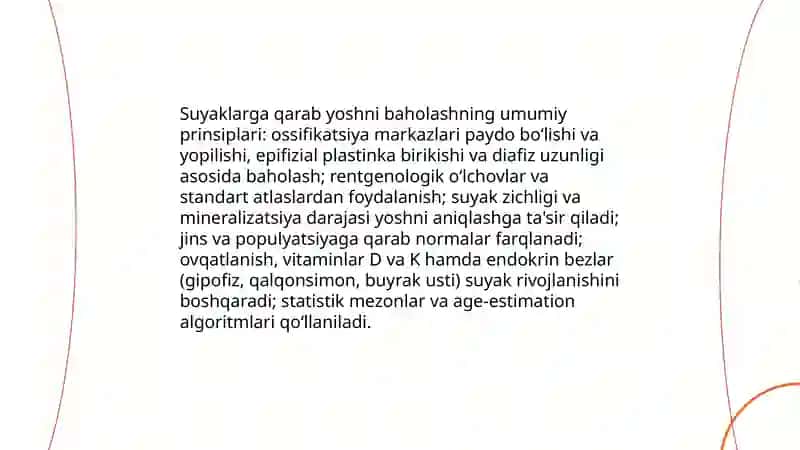 Suyaklarga qarab yoshni baholash usuli.Suyaklarda mineral tuzlarni to’planishni boshqarilishi:vitaminlar,to’g’ri ovqatlanishni,endokrin bezlarni ahamiyati 3