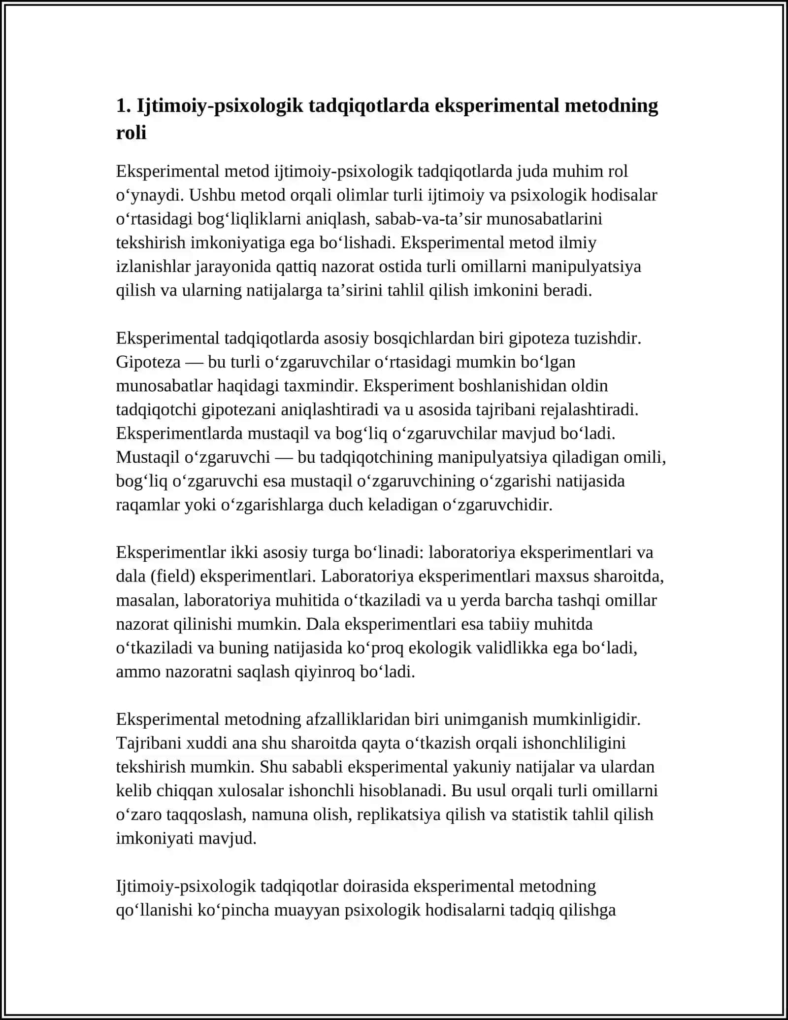 IJTIMOIY -PSIXOLOGIK TADQIQOTLARDA EKISPRIMENTAL METODINI QÓLLASH XUSUSIYATLARI 3