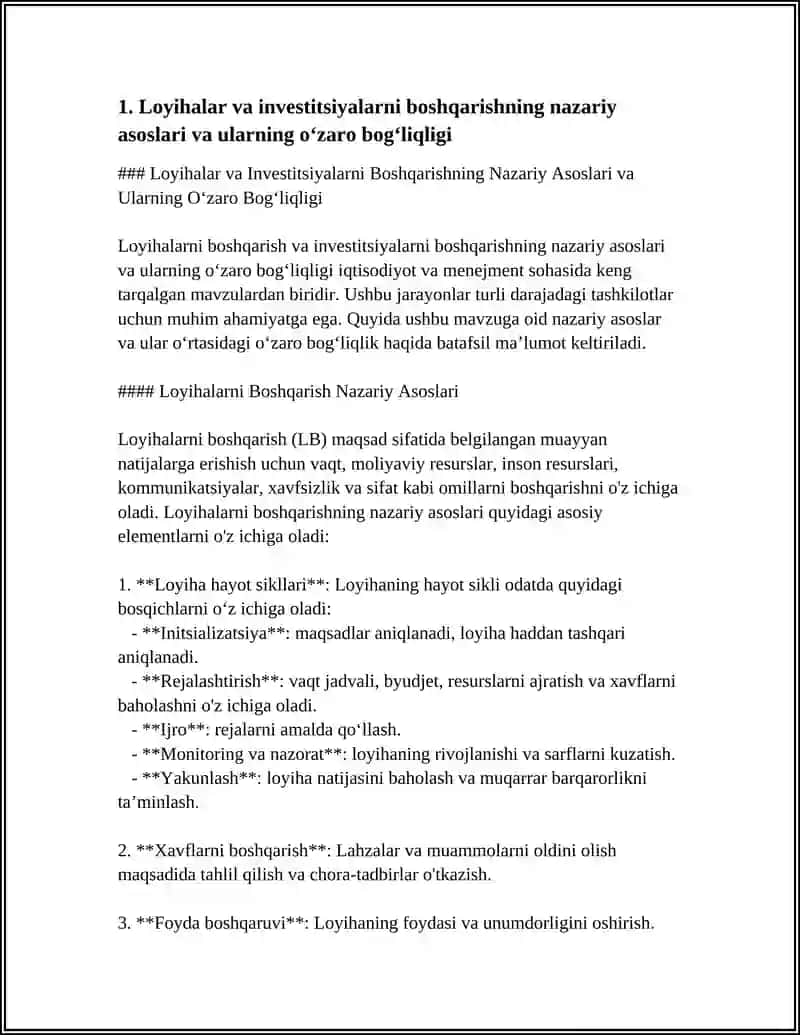 LOYIHA VA INVESTITSIYALARNI BOSHQARISHNING OʻZARO BOGʻLIQLIGI 3