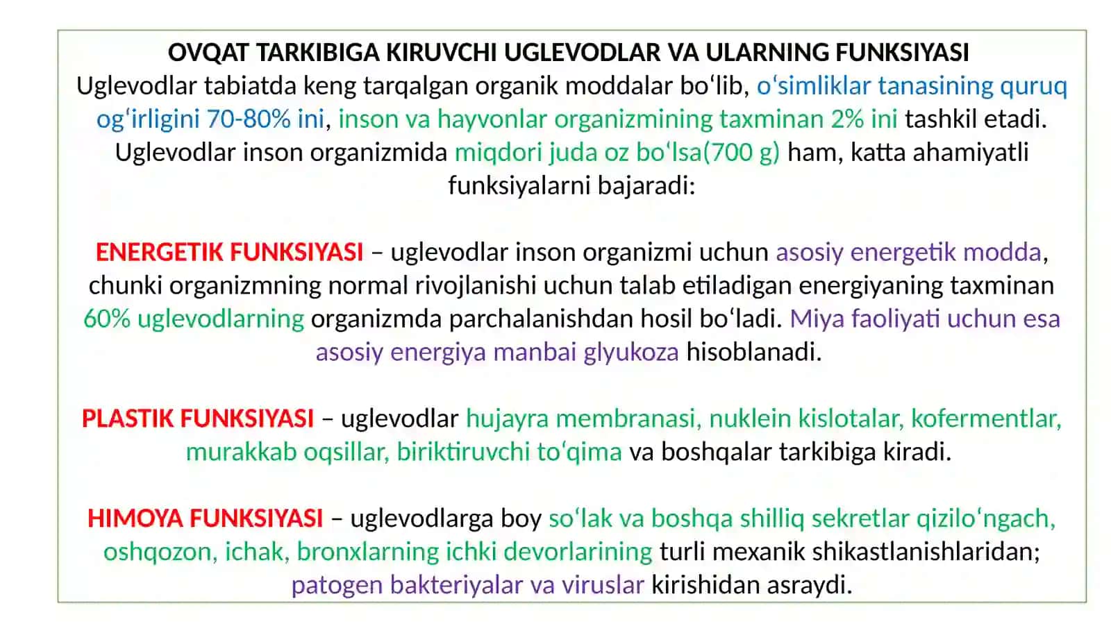 Uglevodlar almashinuvining funksiyalari 3