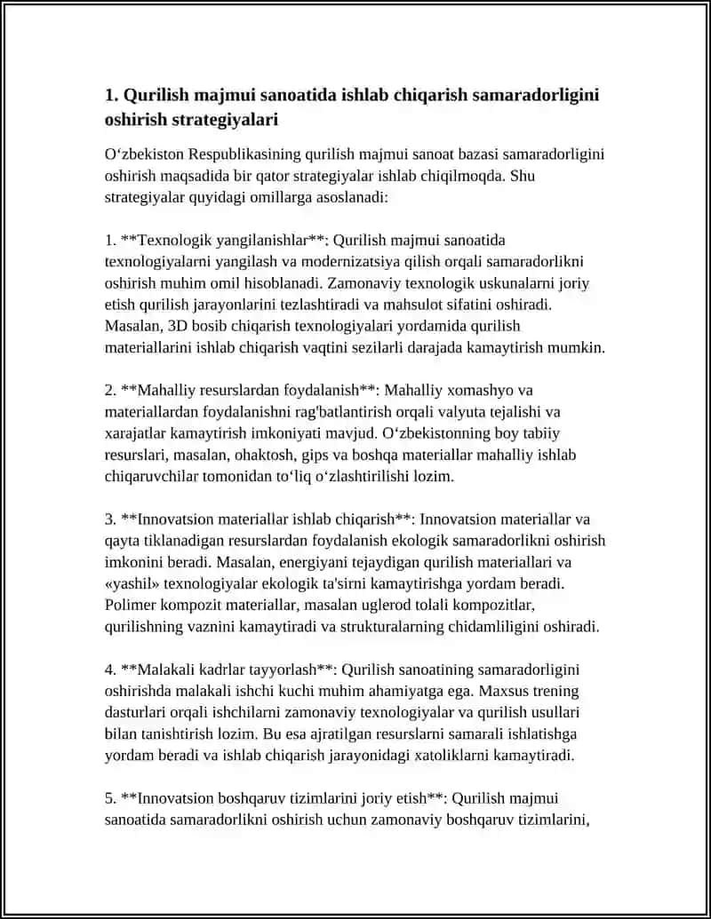 O‘zbekiston Respublikasining Qurilish Majmui Sanoat Bazasi Samaradorligini Oshirish 3