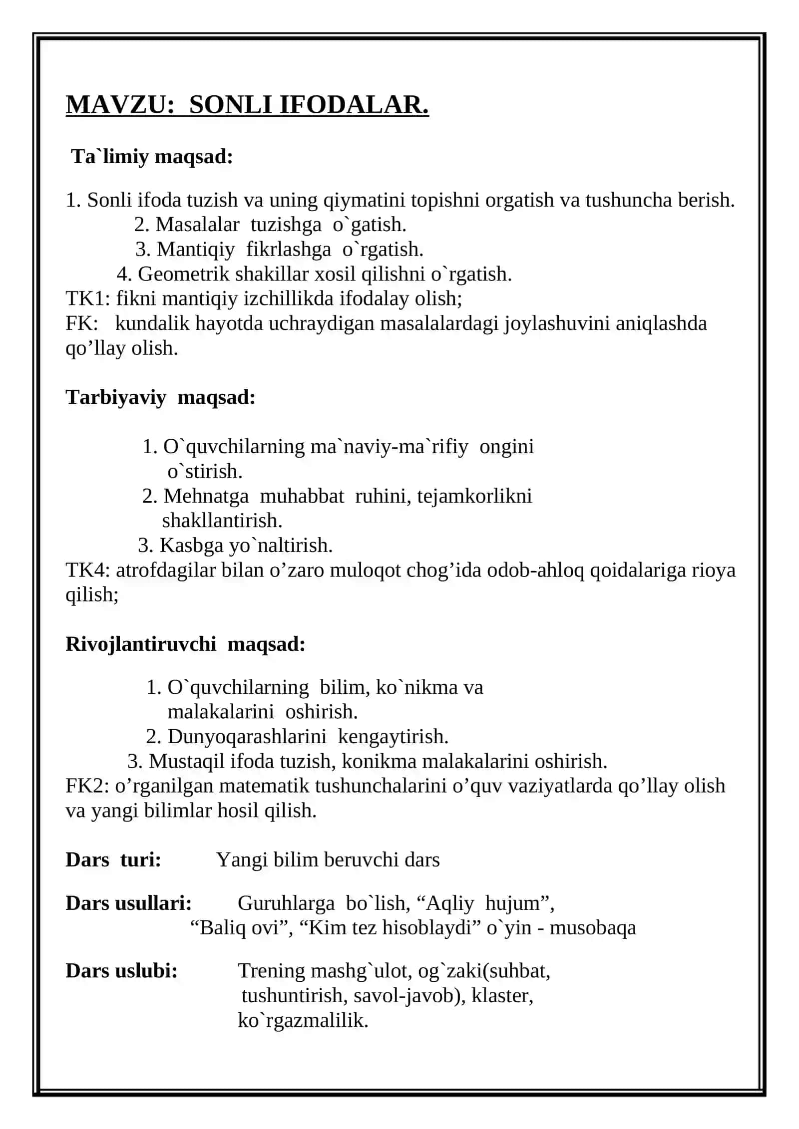 2-sinf_matematika dars ishlanma Sonli ifodalar 3