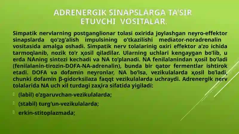 Adrenomimetiklar Adrenoblakatorlarta'sirmexanizmiklassifikatsiyasi 3