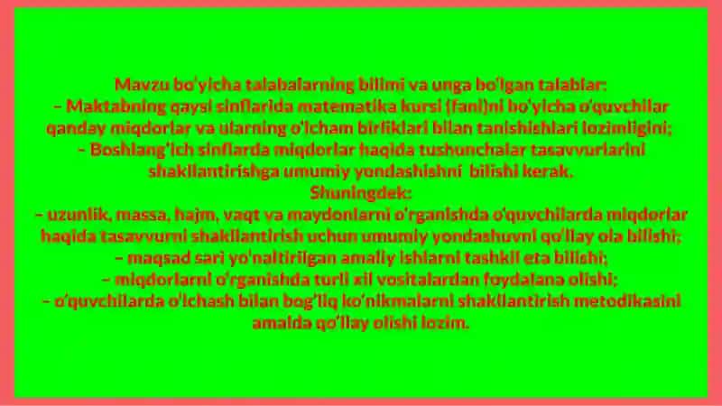 MIQDORLARNI O’LCHASH O’LCHOV BIRLIKLARING TURLARI ULAR USTIDA AMAL BAJARISHGA O’RGATISH METODIKASI 3