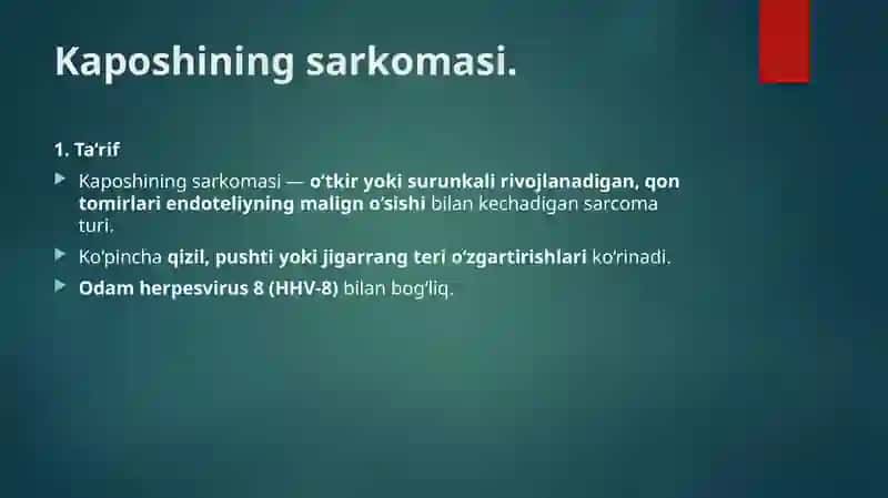 Kaposhining sarkomasi. Ekzema Kaposhi. IFA va PZR diagnostik usullarning dermatovenerologiyada qo'llanilishi 3