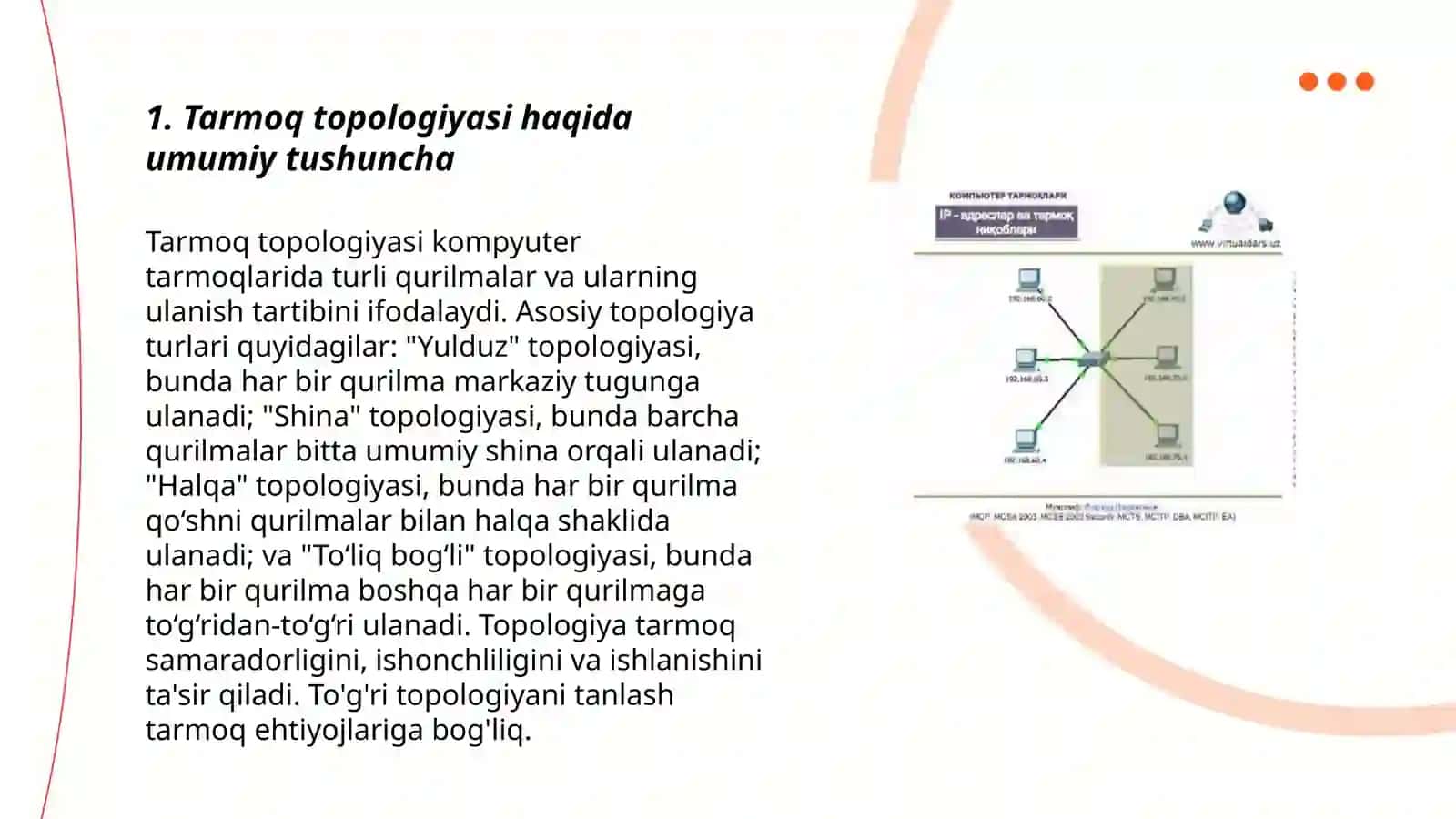 TARMOQ TOPOLOGIYASI.LOKAL TARMOQ ORQALI AXBOROTLARNI ALMASHINISH 3