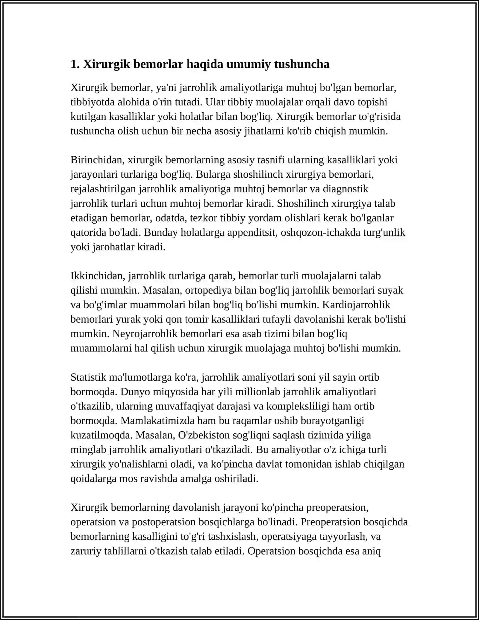 XIRURGIK BEMORLAR. XIRURGIK BEMORLAR UMUMIY PARVARISHI TUSHUNCHASI, TURLARI. XIRURGIK YORDAM TUZILMASI VA UNI TASHKILLASHTIRISH. XIRURGIYA XONASI, TUZILISHI, ULARGA QOʻYILADIGAN TALABLAR, ISHLASH PRINSIPI 3