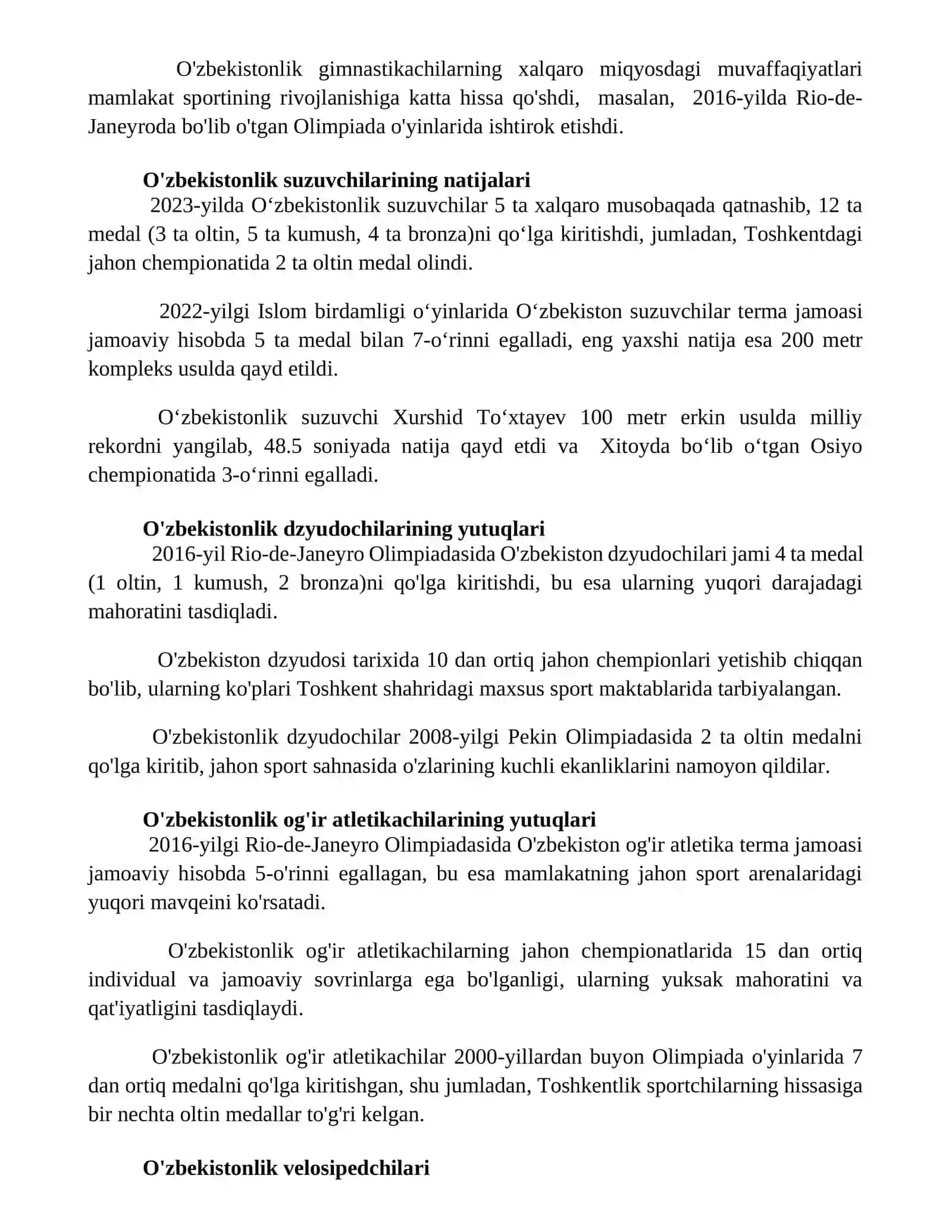 Oʻzbekiston sportchilarining yutuqlari (sport turlari boʻyicha) 3