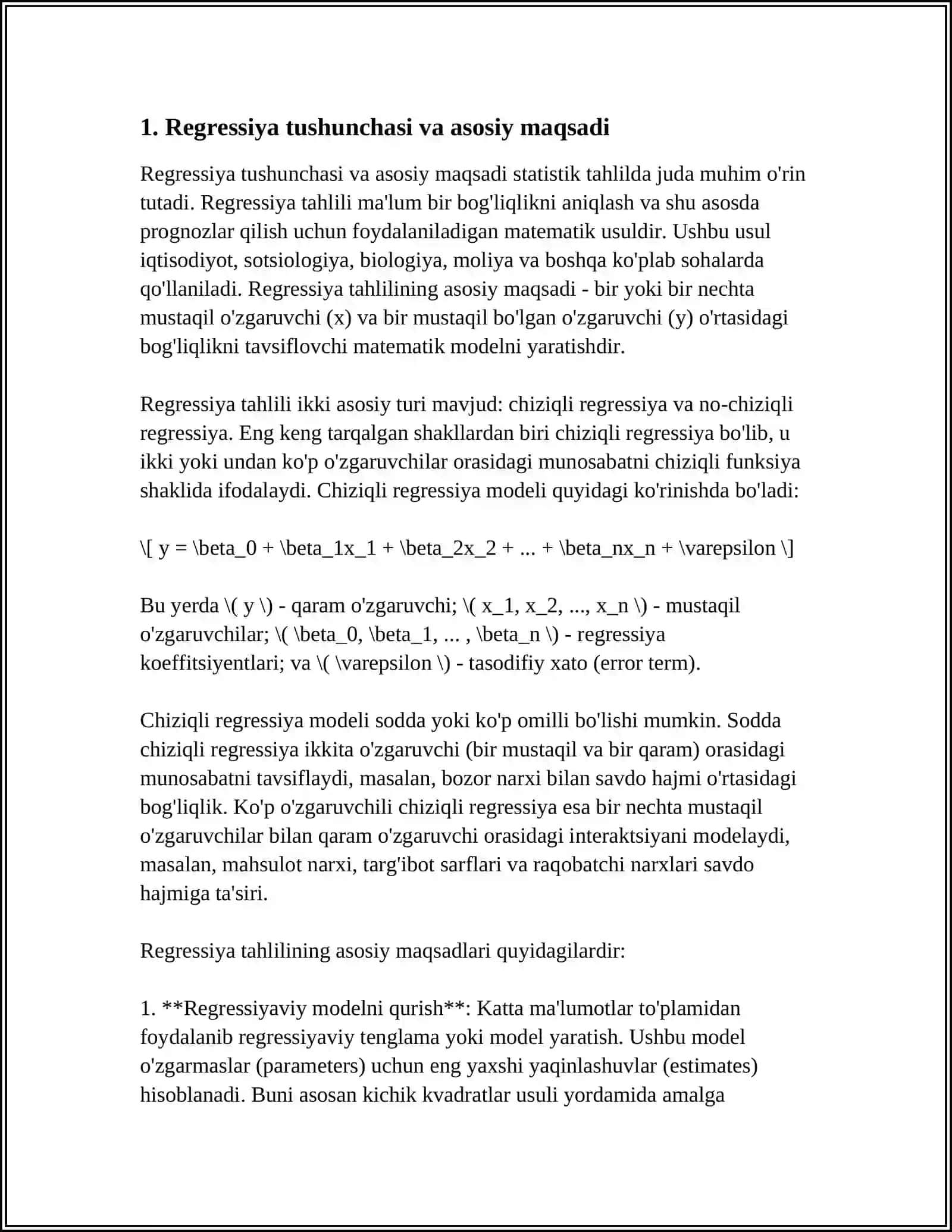 REGRESSIYANING TURLI KÕRINISHDAGI TENGLAMALARINI TOPISHDA ENG KICHIK KVADRATLAR USULINING MOHIYATI VA UNING HAR XIL MODIFIKATSIYALARI. REGRESSIYA MASALALARINING MATEMATIK MODELLARI 3