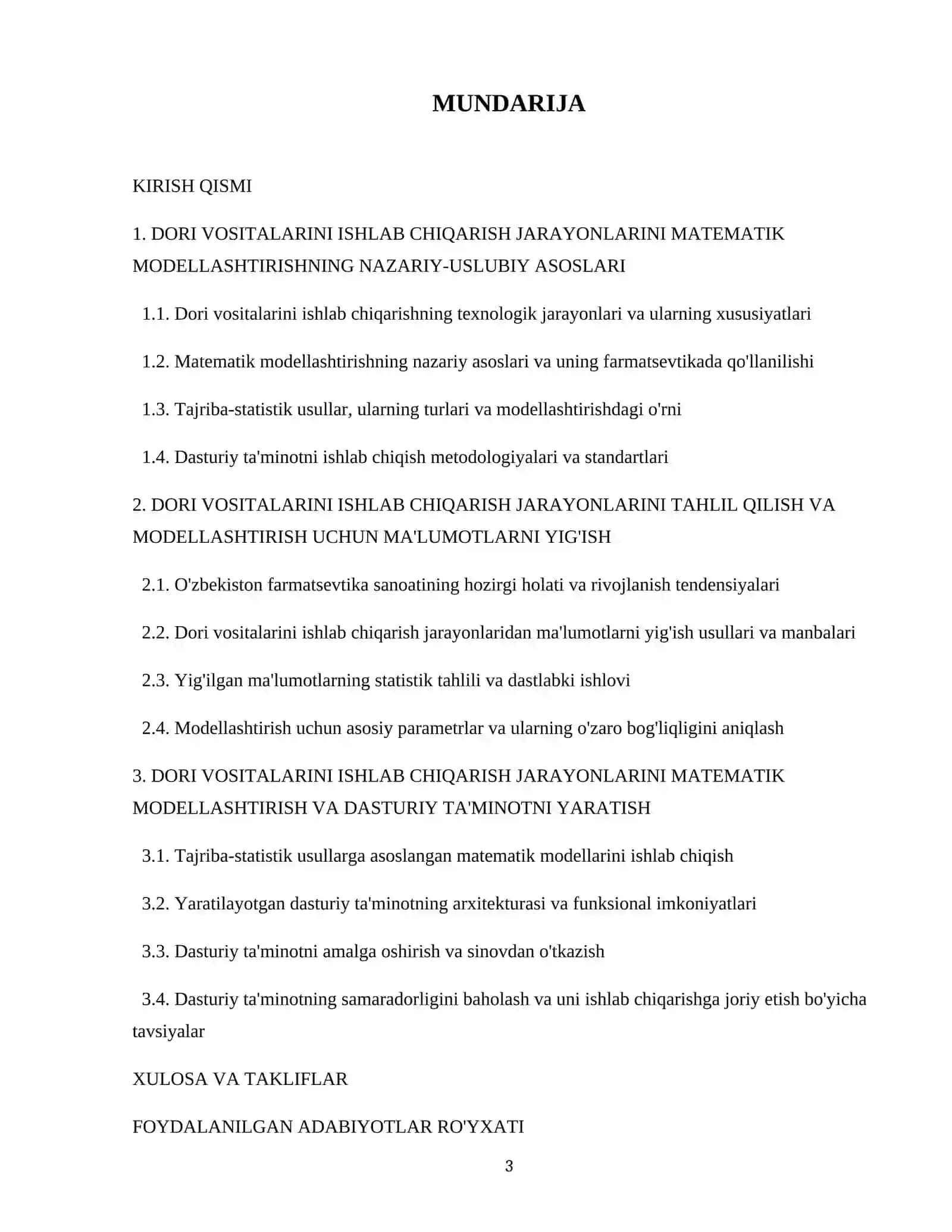 Dori vositalarini ishlab chiqarish jarayonlarini tajriba statistik usuli bilan matematik modellashtirish uchun dasturiy ta'minotni yaratish. 3