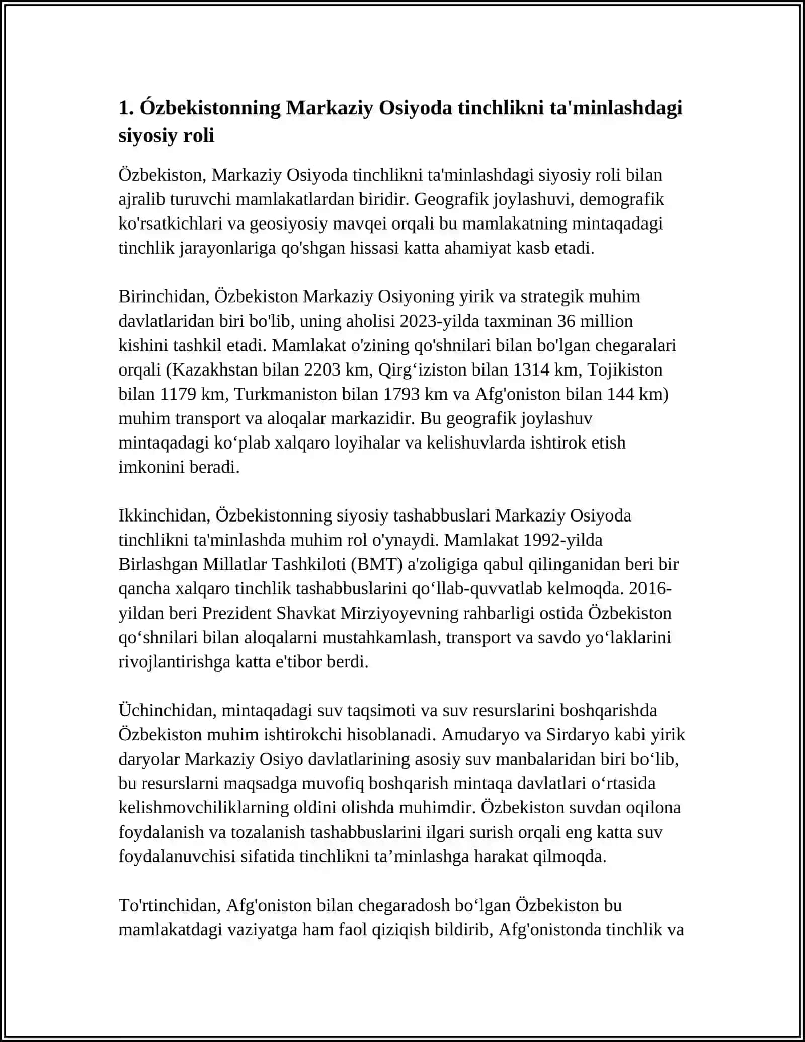 Mavzu: ÓZBEKISTONNING MARKAZIY OSIYODA TINCHILIK VA BARQARORLIKNI TA'MINLASHDAGI ÓRNI 2024-2025-o'quv yili 3
