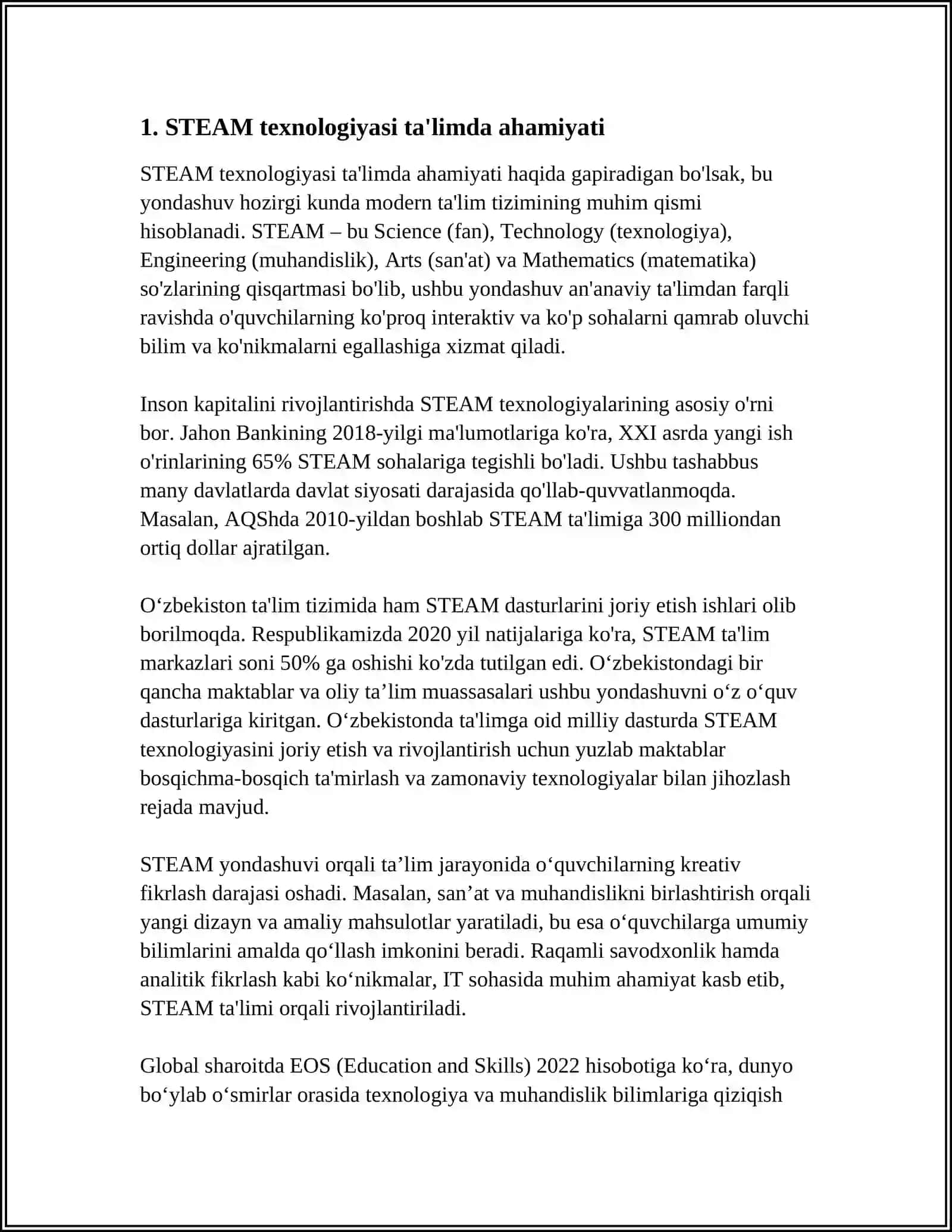 REFERAT MTTDA STEAM TEXNOLOGIYASI ASOSIDA DIZAYN VA KREATIV IJODKORLIKNI SHAKLLANTIRISH 3