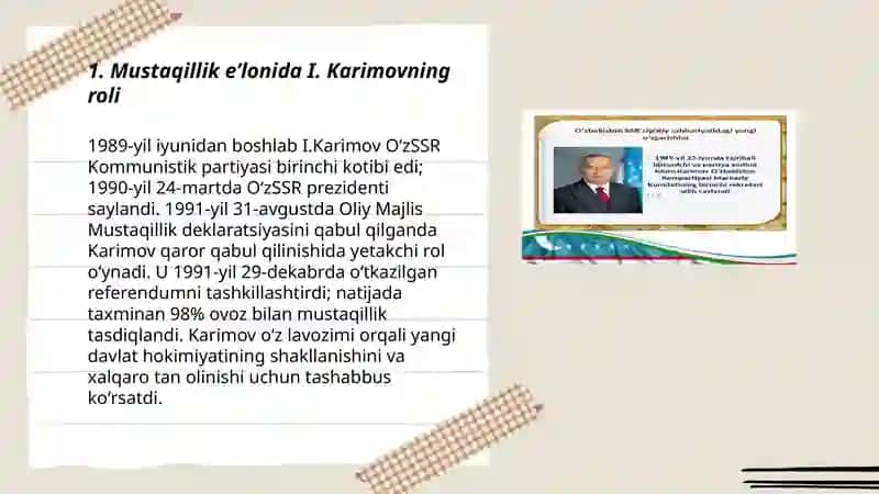 Mustaqil Oʻzbekiston davlatining yuzaga kelishi va mustahkamlanishida I.Karimovning tarixiy xizmatlari 3