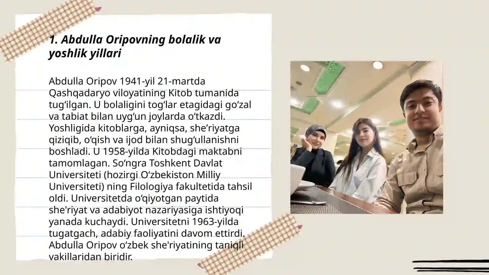 Abdulla Oripov hayoti va ijodi. Asarlarini oʻquvchilar bilan tahlil qilish 3