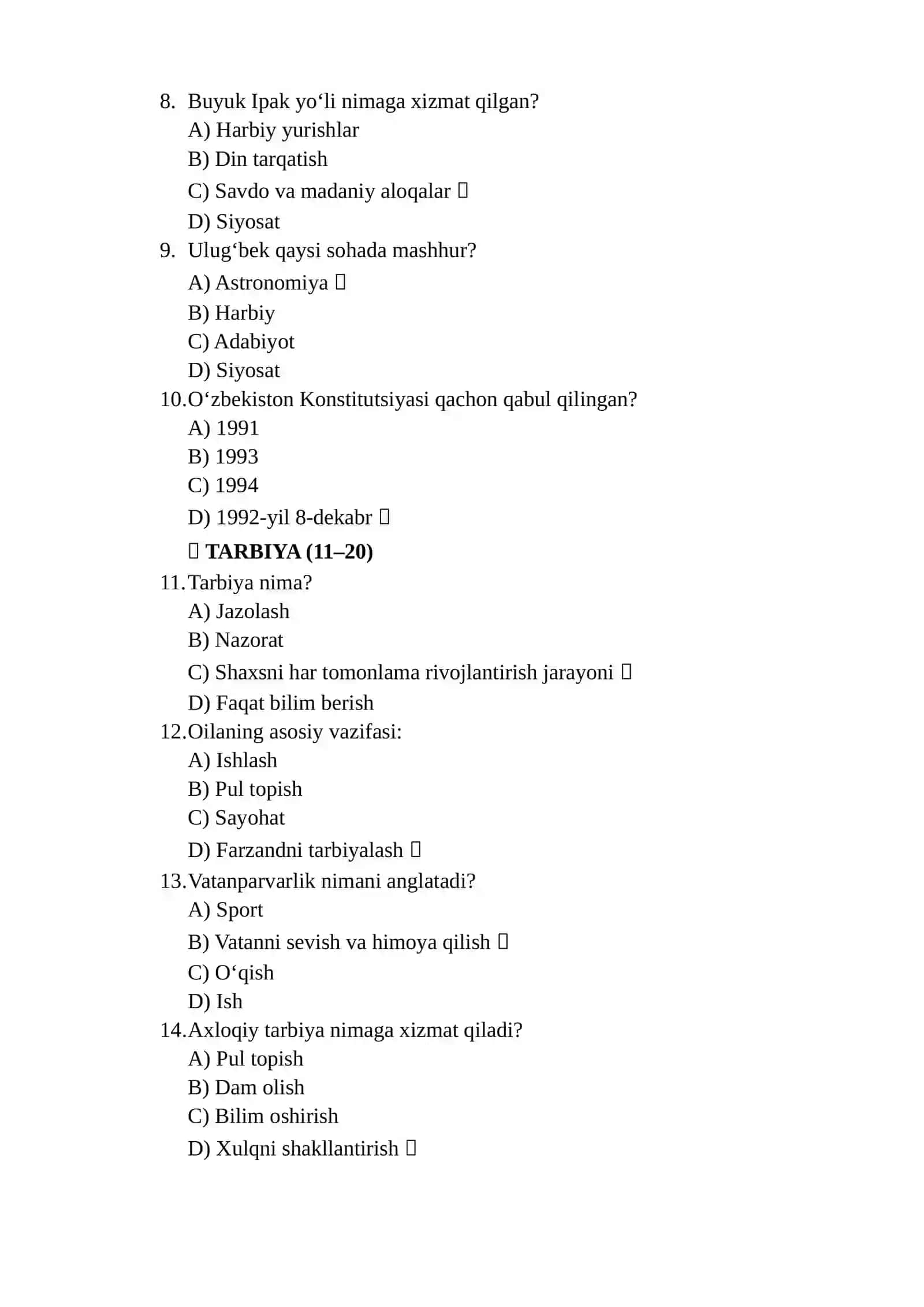 ICHKI ISHLARGA KIRUVCHI NOMZODLAR UCHUN TARIX, TARBIYA VA HUQUQ FANIDAN NAMUNAVIY TEST 3