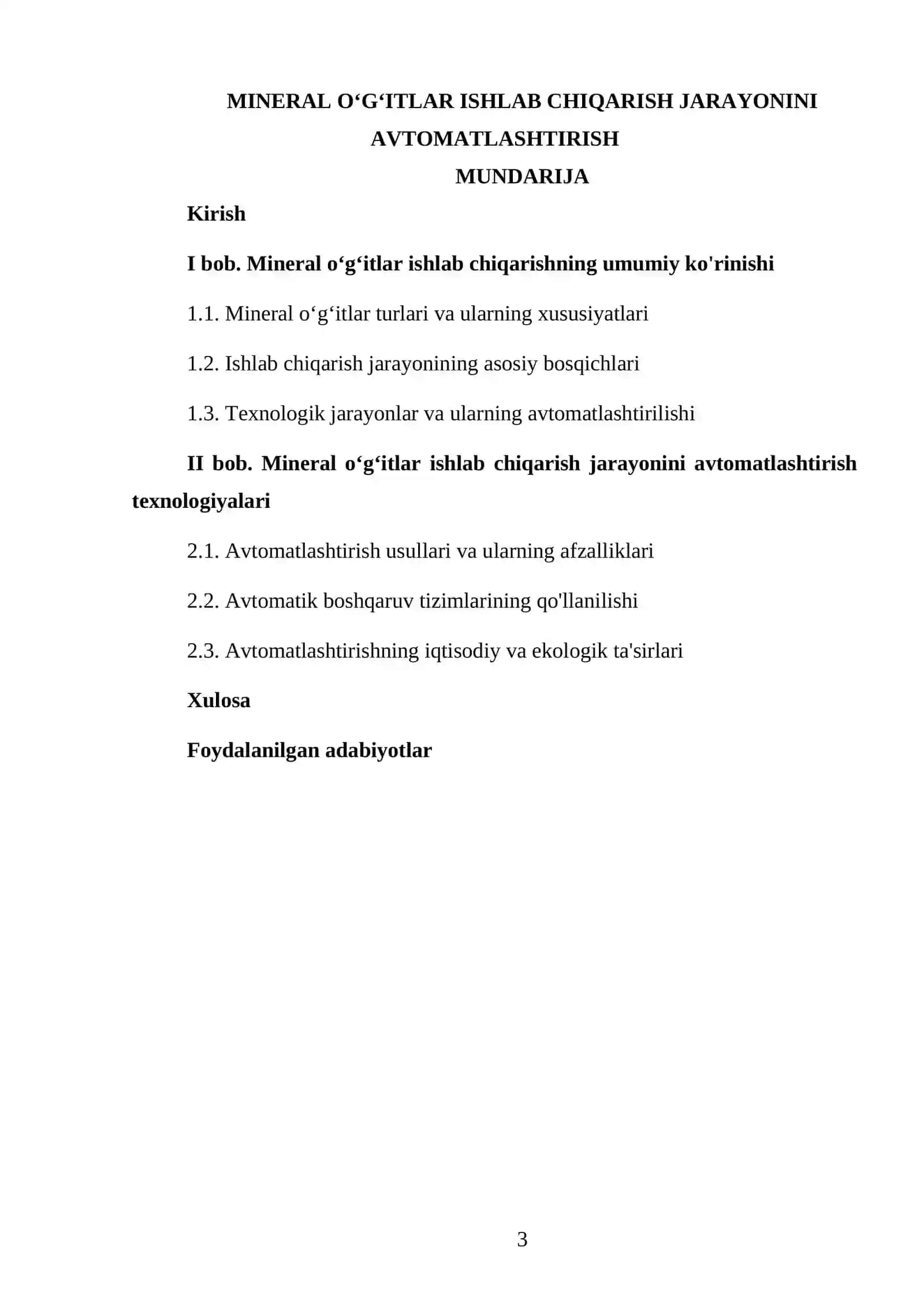 Mineral oʻgʻitlar ishlab chiqarish jarayonini avtomatlashtirish kurs ishi 3