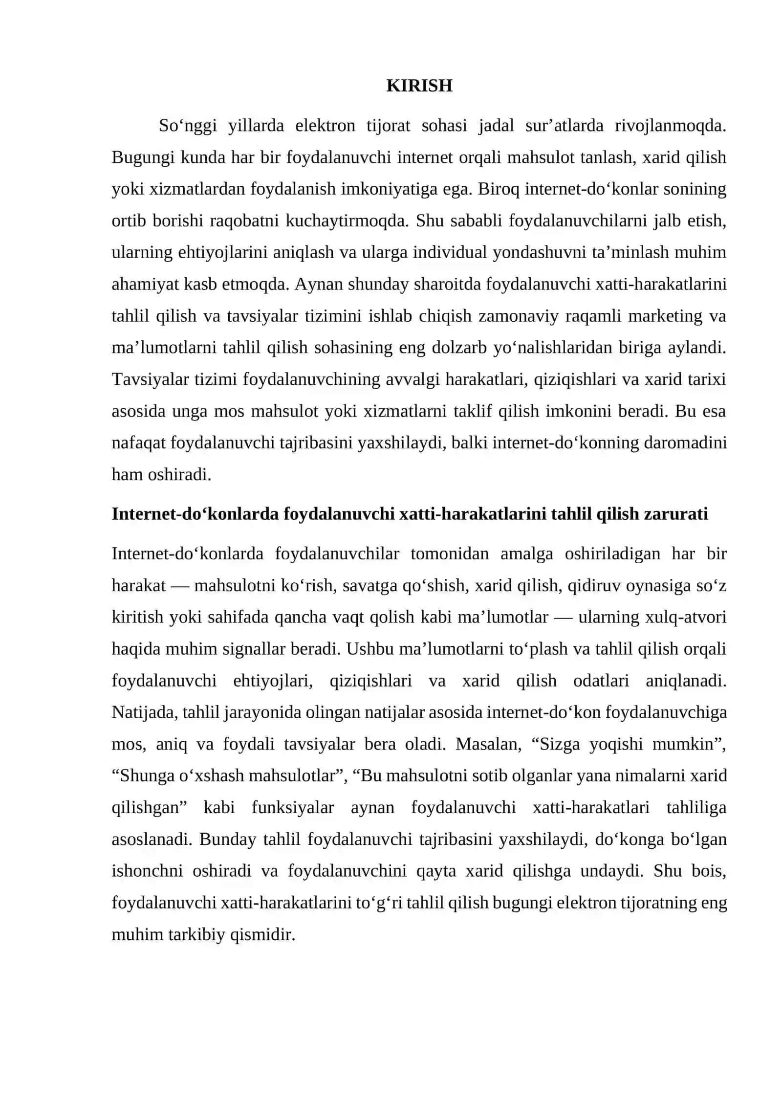 Internet-do‘konda foydalanuvchi xatti-harakatlarini tahlil qilish asosida tavsiyalar tizimini ishlab chiqish Fotosuratlarda ob’ektlarni tanib olish uchun tasvimi qayta ishlash usullarini qiyosiy tahlil qilish Kompyuter ko‘rish vazifalarida chuqur o‘rganish algoritmlarining samaradorligini o‘rganish Bank mijozlari to‘g‘risidagi ma’lumotlarni tahlil qilish: 3