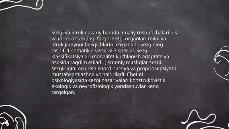 Mustaqil ish mavzusi: Sezgining tasnifi, sezgi klassifikatsiyalari, jismoniy mashqlar, chet el psixologiyasida sezgi nazariyalari. 3