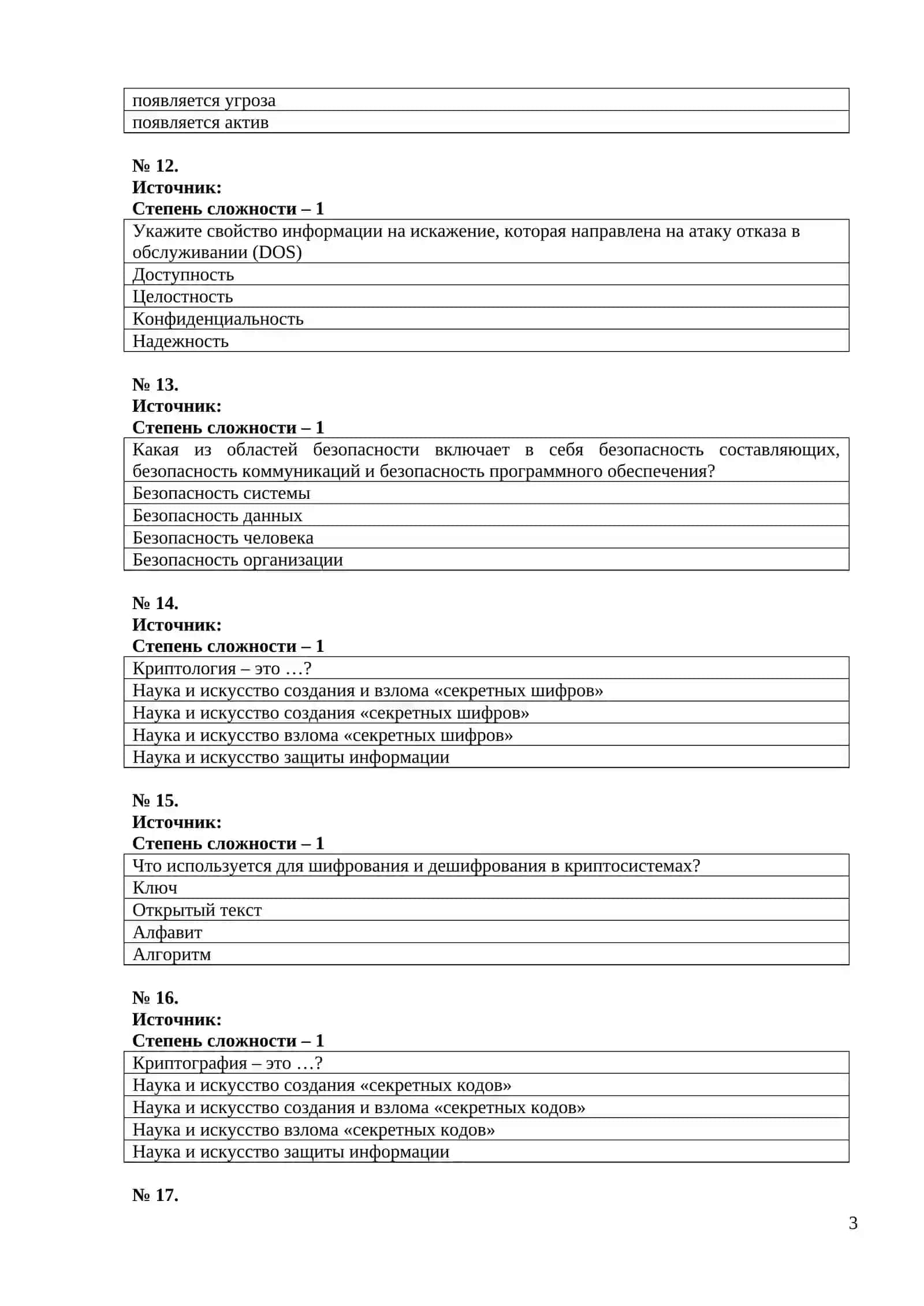 ТЕСТЫ для бакалавров по направлению 5330300 – «Информационная безопасность (по отраслям)» 3