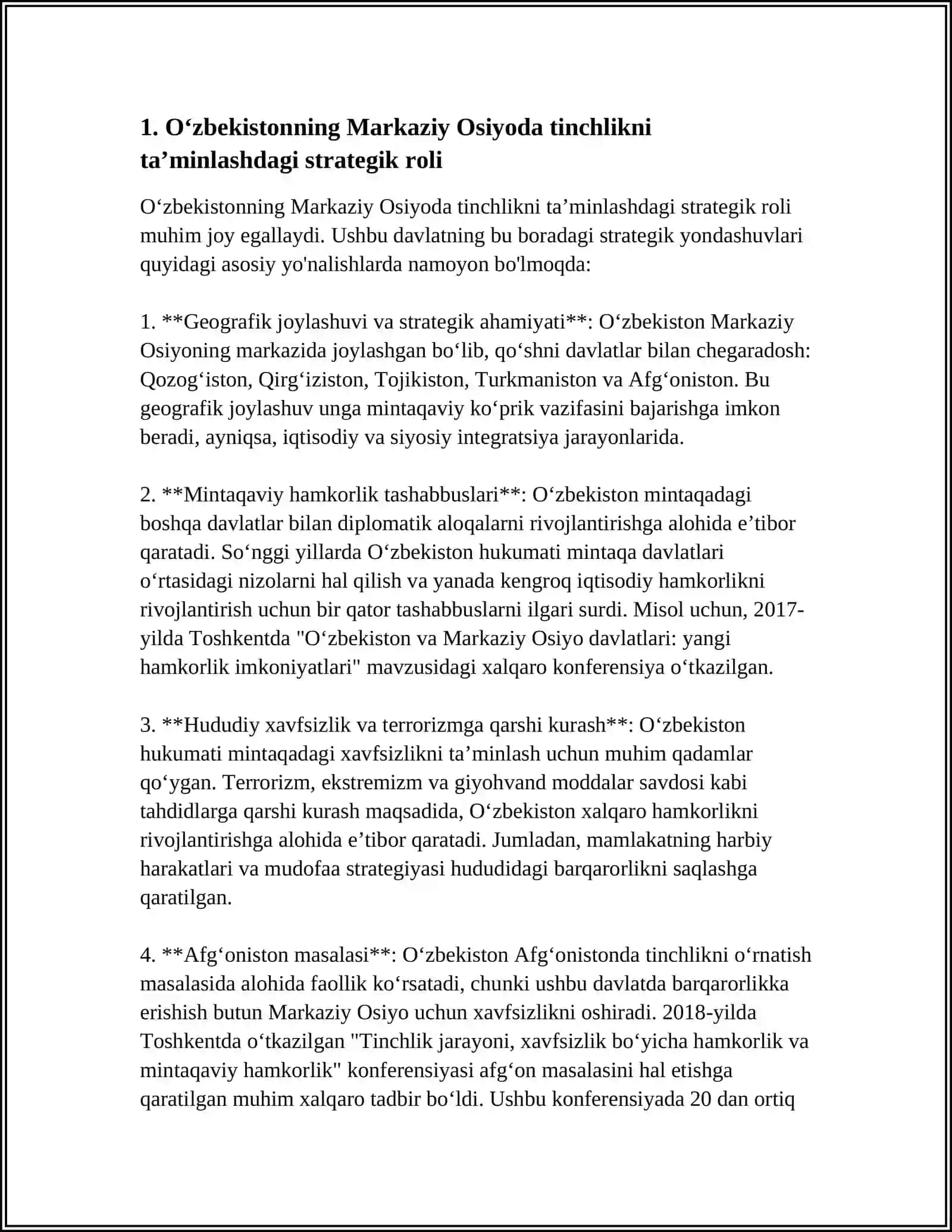 OʻZBEKISTONNING MARKAZIY OSIYODA TINCHLIK VA BARQARORLIKNI TAʼMINLASHDAGI OʻRNI 3