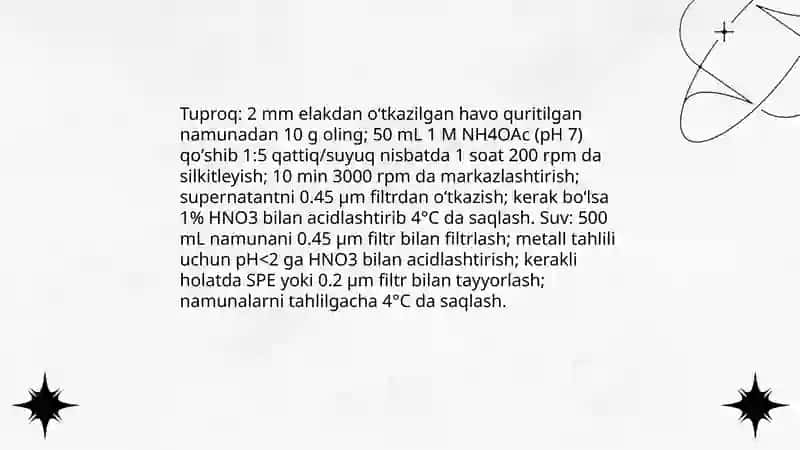Tuproq va suv namunalaridan ion bog'lanishli birikmalarni olish va tayyorlash protokollari 3