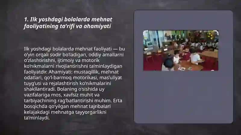 Ilk yoshdagi bolalar mehnat faoliyatining xususiyatlari taqdimot 3