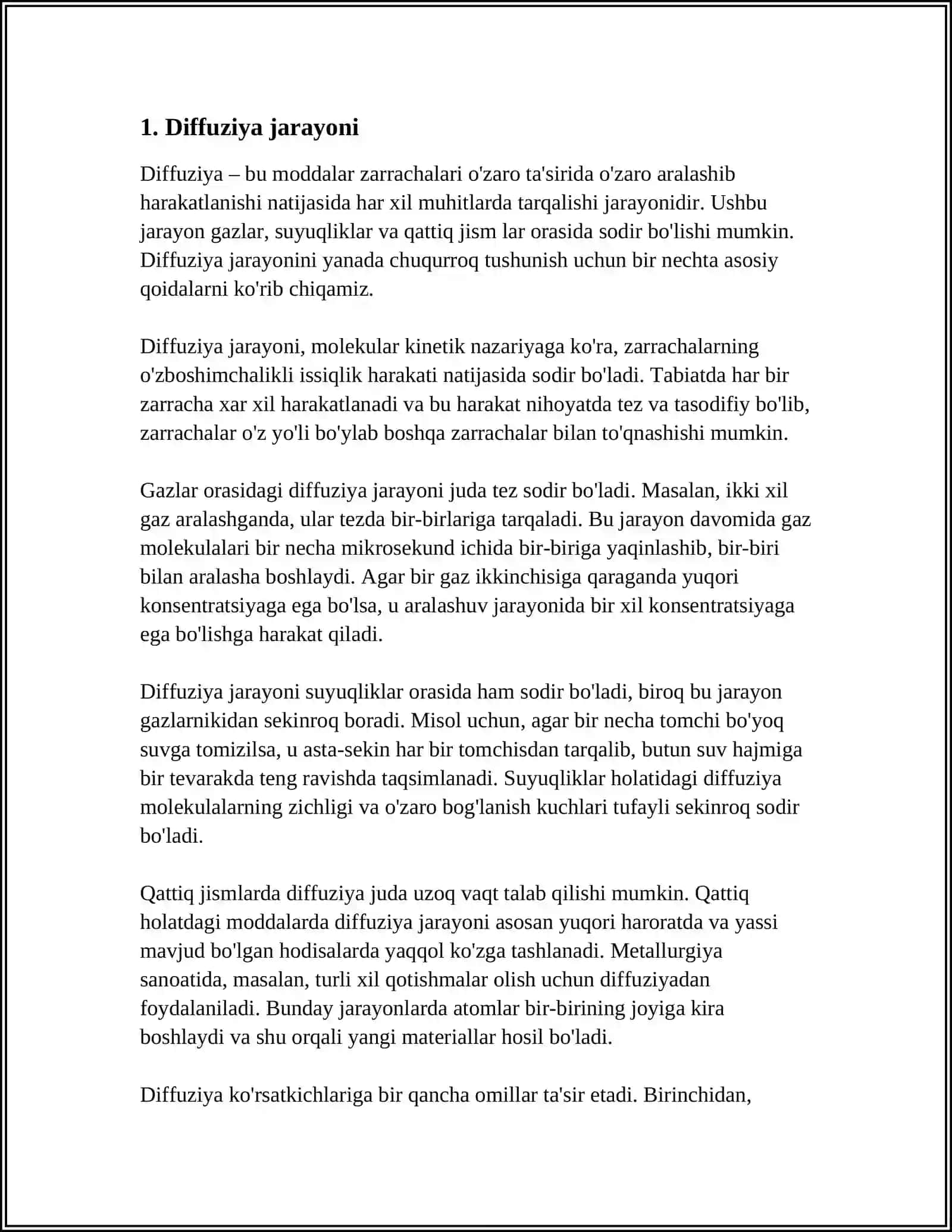 DIFFUZIYA ISSIQLIK OʻTKAZUVCHANLIK VA QAYISHQOQLIK FAZOVIY OʻTISHLAR 3