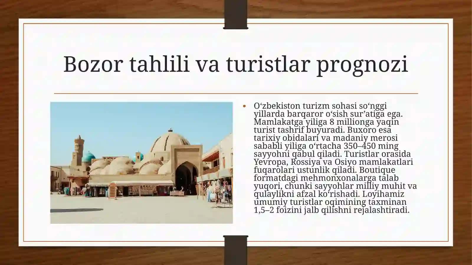 (100 millionlik Loyiha ishi ) Turistik va mehmonxona xizmatlarini ko'rsatuvchi 3