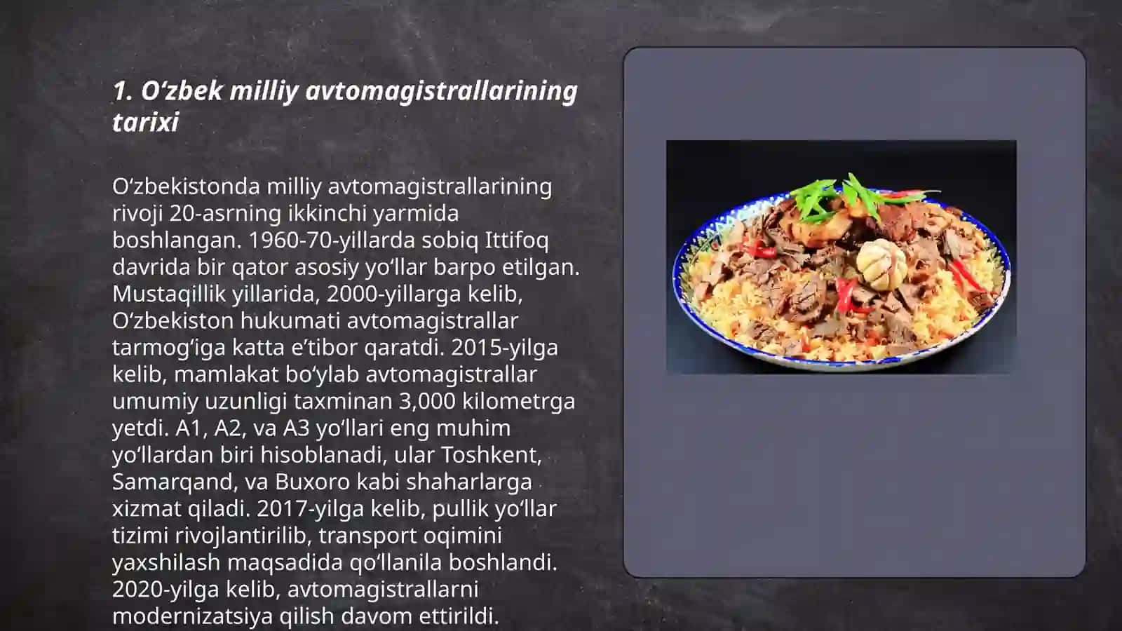 Zamonaviy avtomagistrallar - Oʻzbek milliy avtomagistrallarini oʻrganish 3