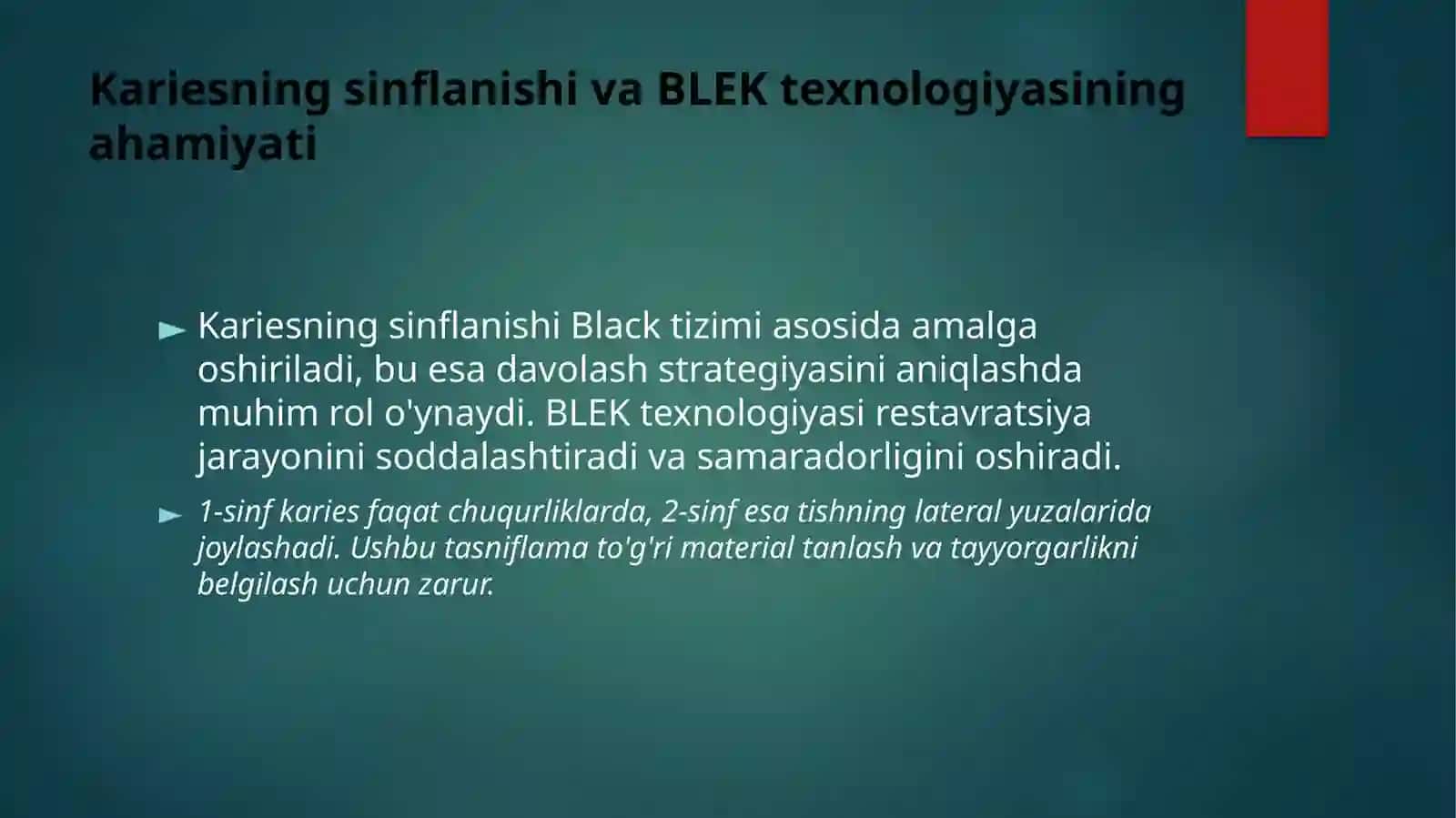 Blek boʻyicha 1-4 sinf karies kovaklarini restavratsiya qilishning klinik tamoyillari 3