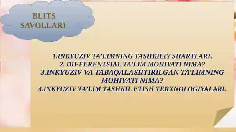 TA’LIMNING UNIVERSAL DIZAYNI VA INDIVIDUAL TA’LIMIY REJA.TA’LIM TAHKILOTLARIDA ALOHIDA YORDAMGA MUHTOJ BOLALARNI TA’LIM OLISHINI QO’LLAB QUVVATLASH. 3