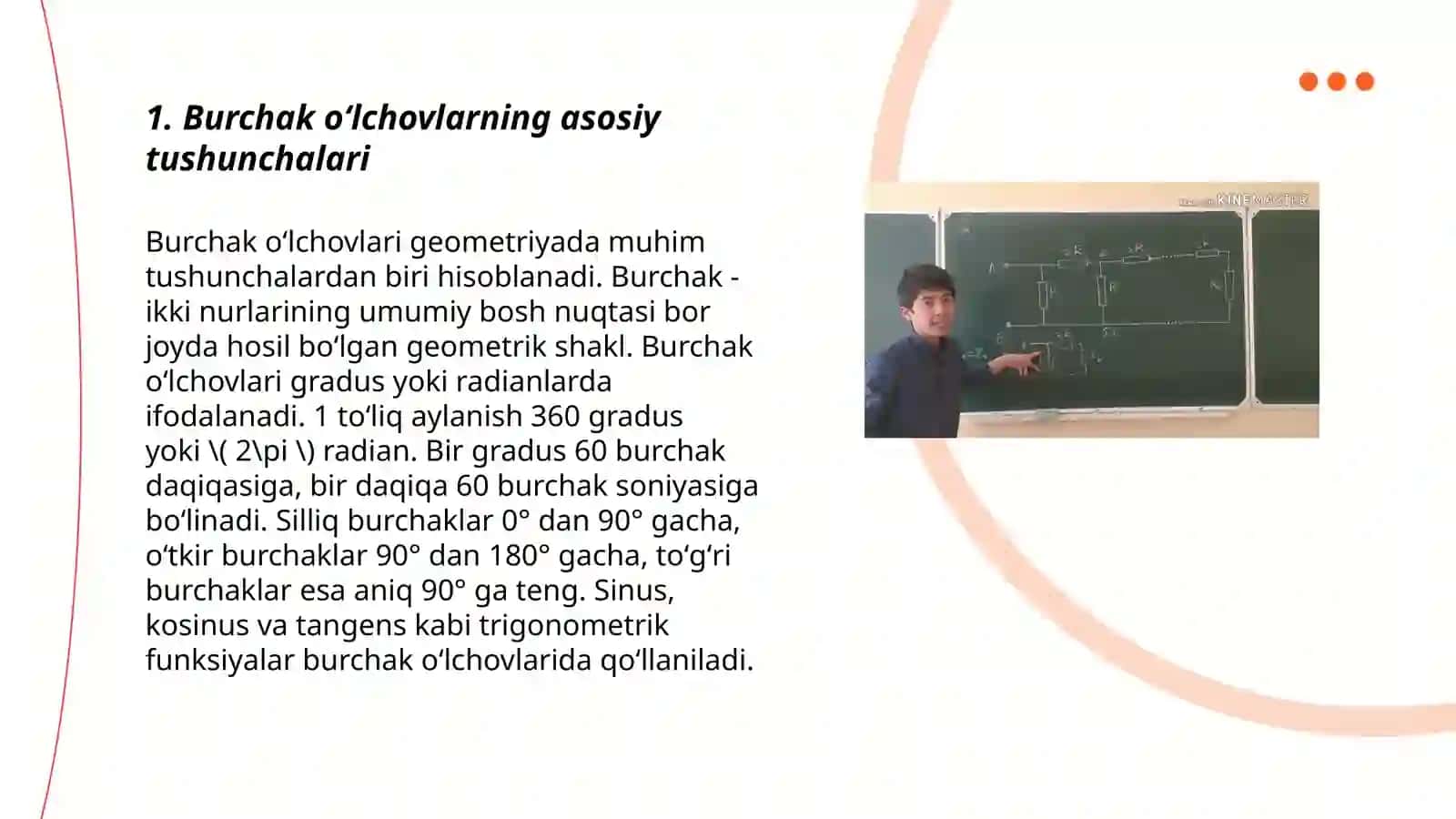 Burchak õlchovlari turlarini õrganish va har bir õlchov turining qõllanilish sohasini aniqlash, õlchovlar bõyicha taklif berish 3