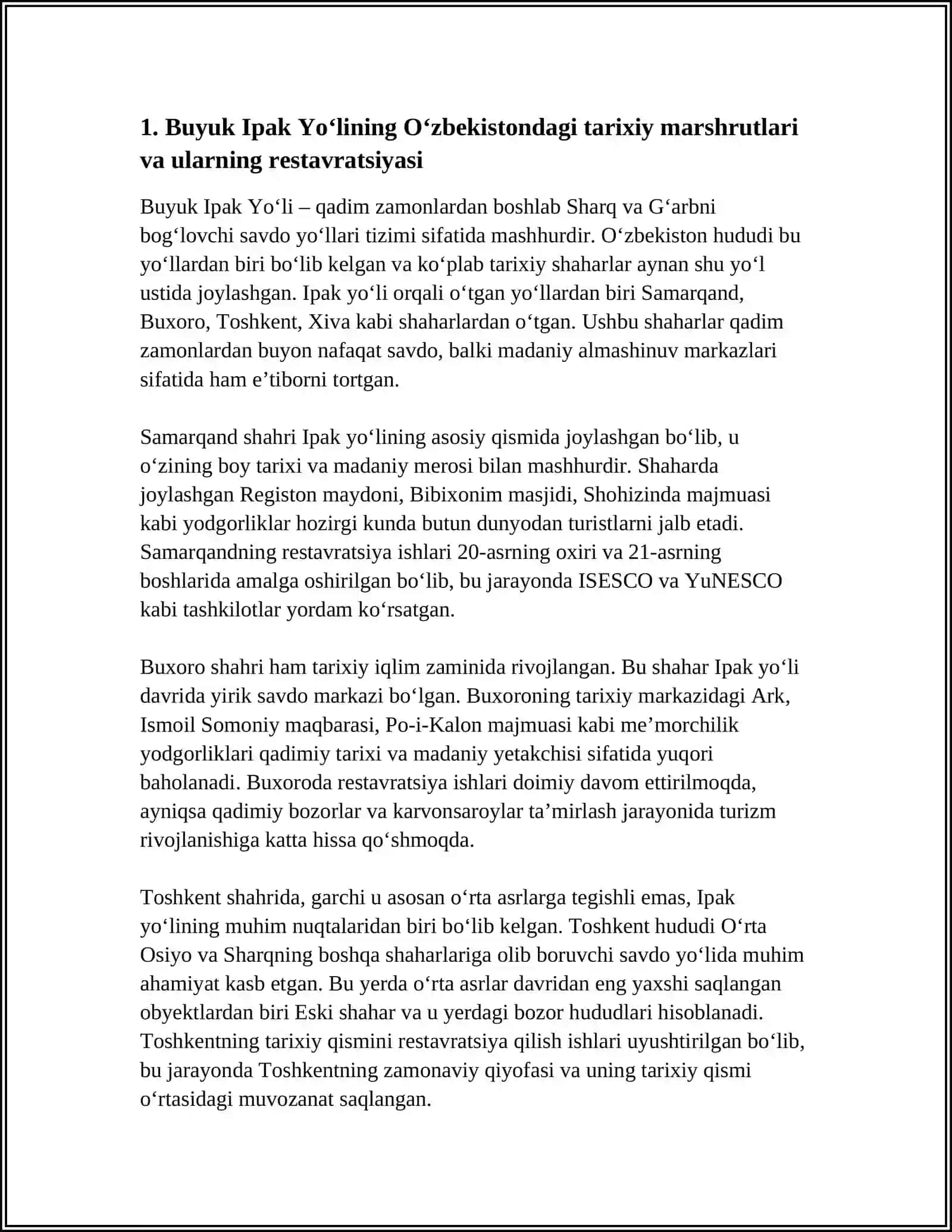 BUYUK IPAK YOʻLI VA HOZIRGI ZAMON OʻZBEKISTONNING TURIZM SALOHIYATI 3
