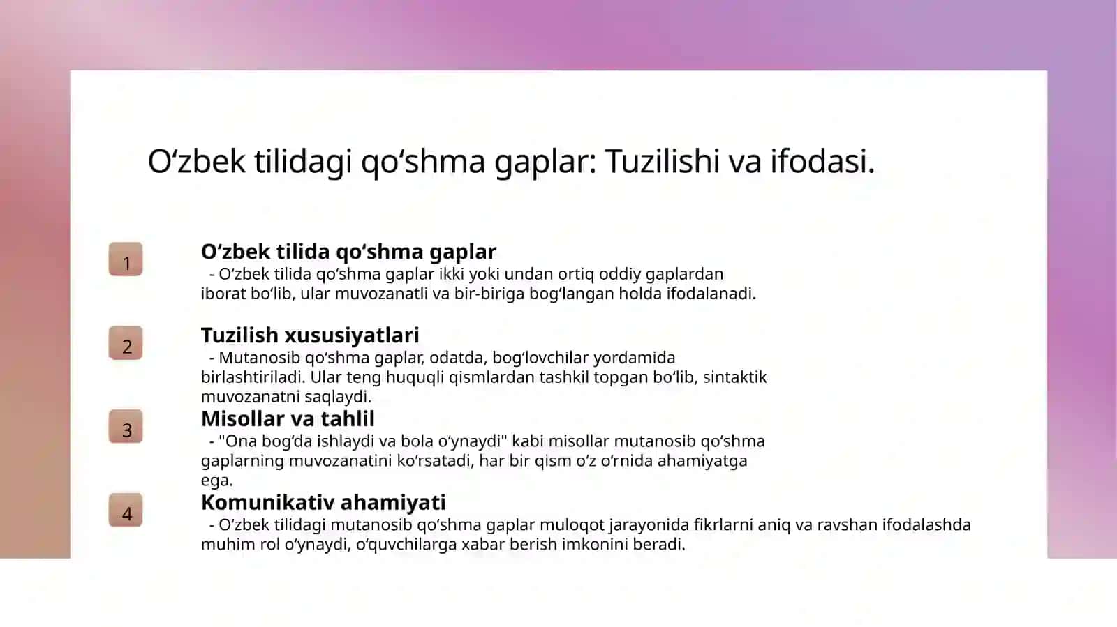 Oʻzbek tilida mutanosib tarkibli qoʻshma gaplar 3