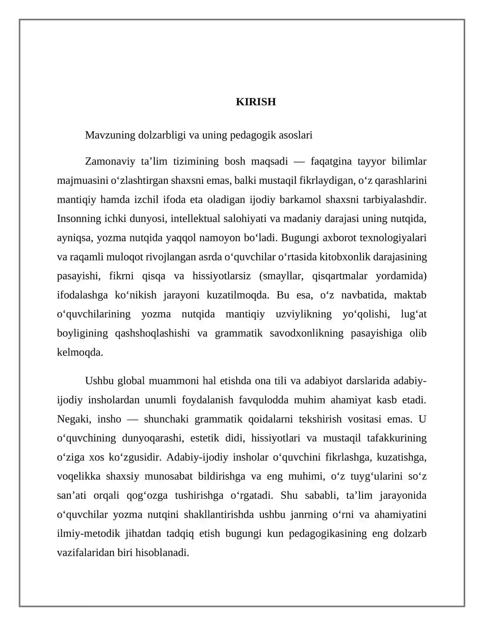 "O‘zbek adabiyotini o’qitish metodikasi" fanidan ‘‘ O‘quvchilar yozma nutqini o‘stirishda adabiy-ijodiy inshoning o‘rni” 3