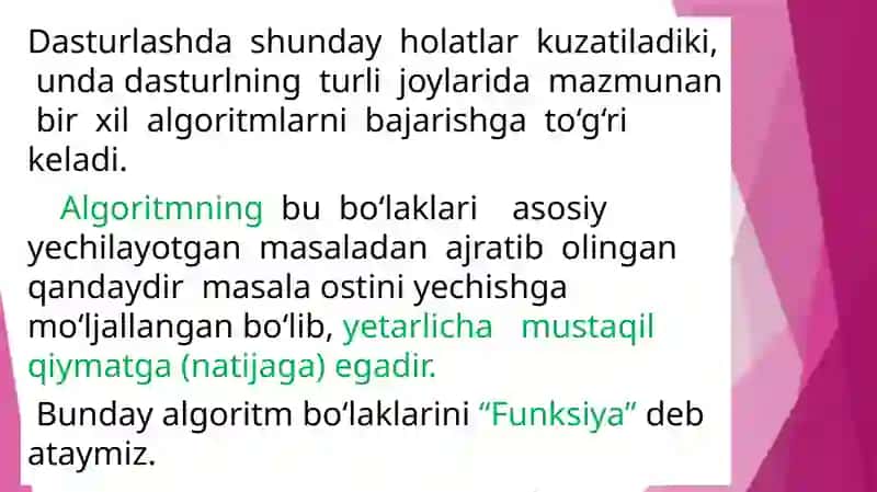 Funksiyalar. Qiymat qaytaradigan va qiymat qaytarmaydigan funksiyalar. Funksiya prototiplardan foydalanib, parametrlari qiymat va adresga binoan jo'natishga doir masalalar yechish. 3