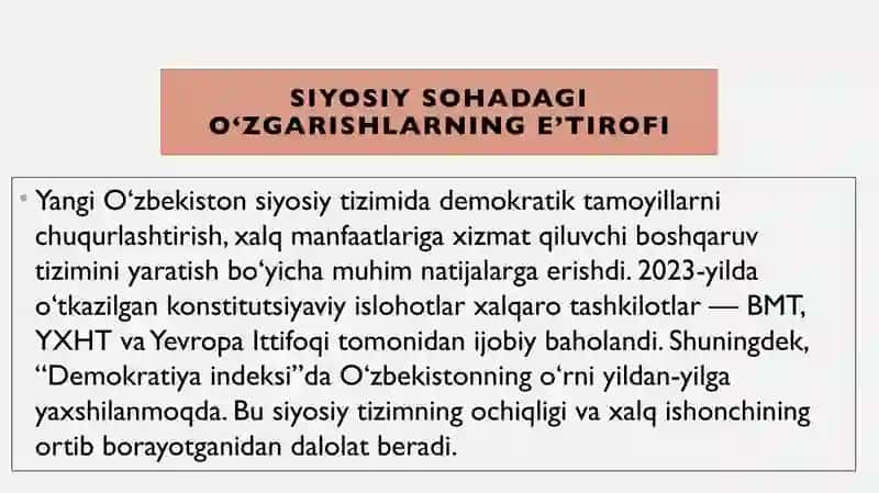 Yangi O‘zbekiston ijtimoiy-siyosiy, iqtisodiy va madaniy hayotida ro‘y berayotgan o‘zgarishlarning 3