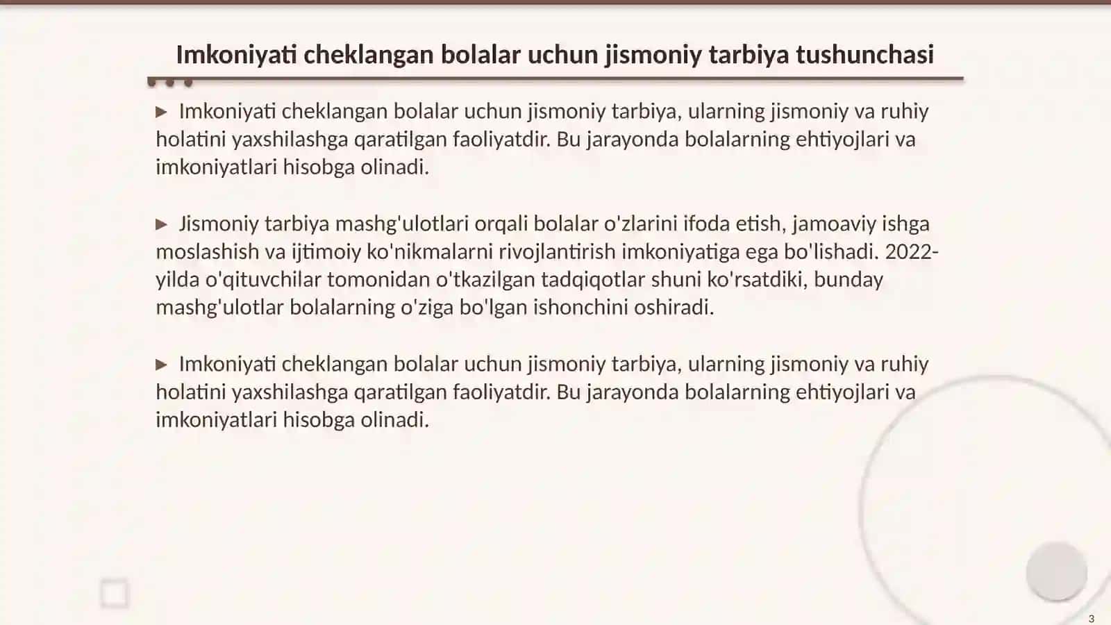 Imkoniyati cheklangan bolalar bilan jismoniy tarbiya mashgʻulotini tashkil qilish va ötkazish metodikasi 3