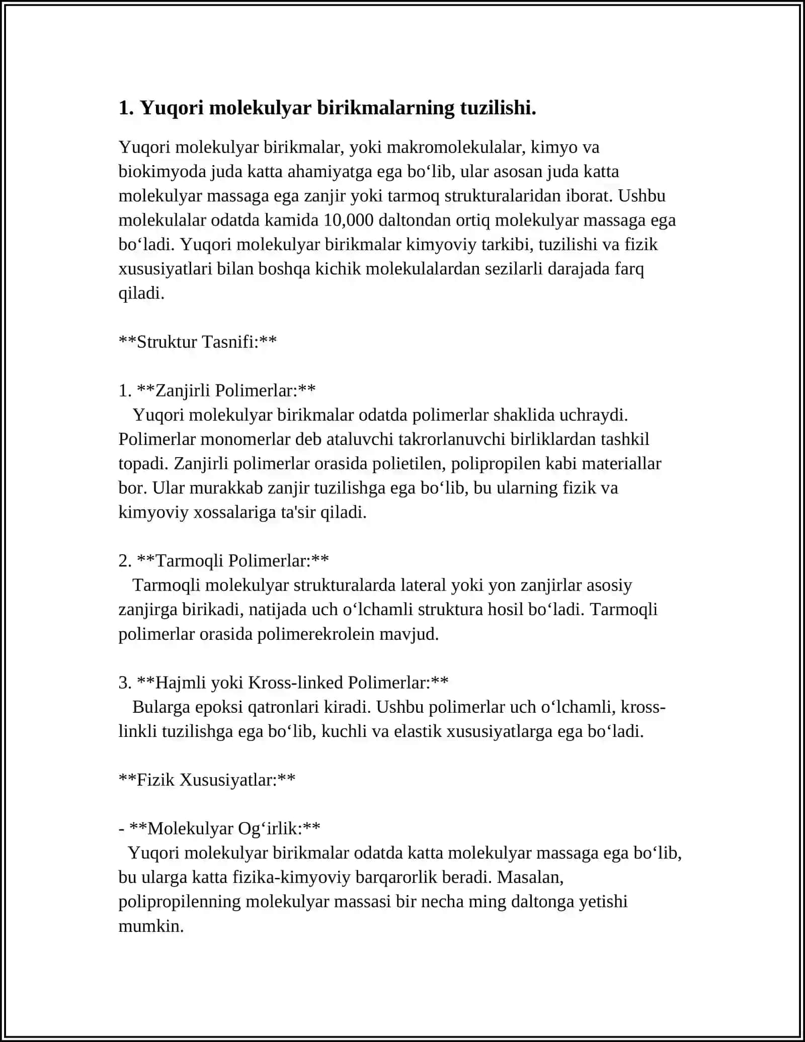 YUQORI MOLEKULYAR BIRIKMALARNING TUZILISHIGA QARAB ERISH BOSQICHLARI VA TAYYORLANISH TEXNOLOGIYALARI 3