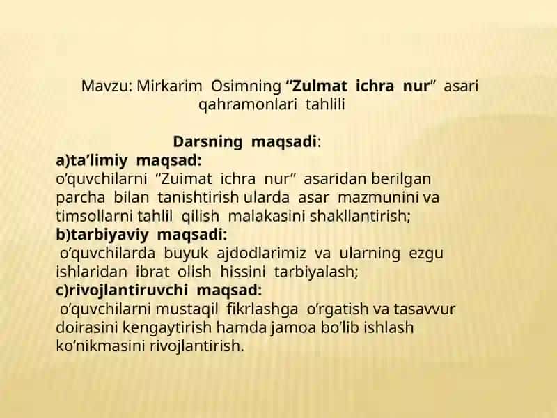 "Zulmat Ichra Nur" qissasi qahramonlari tahlili 3
